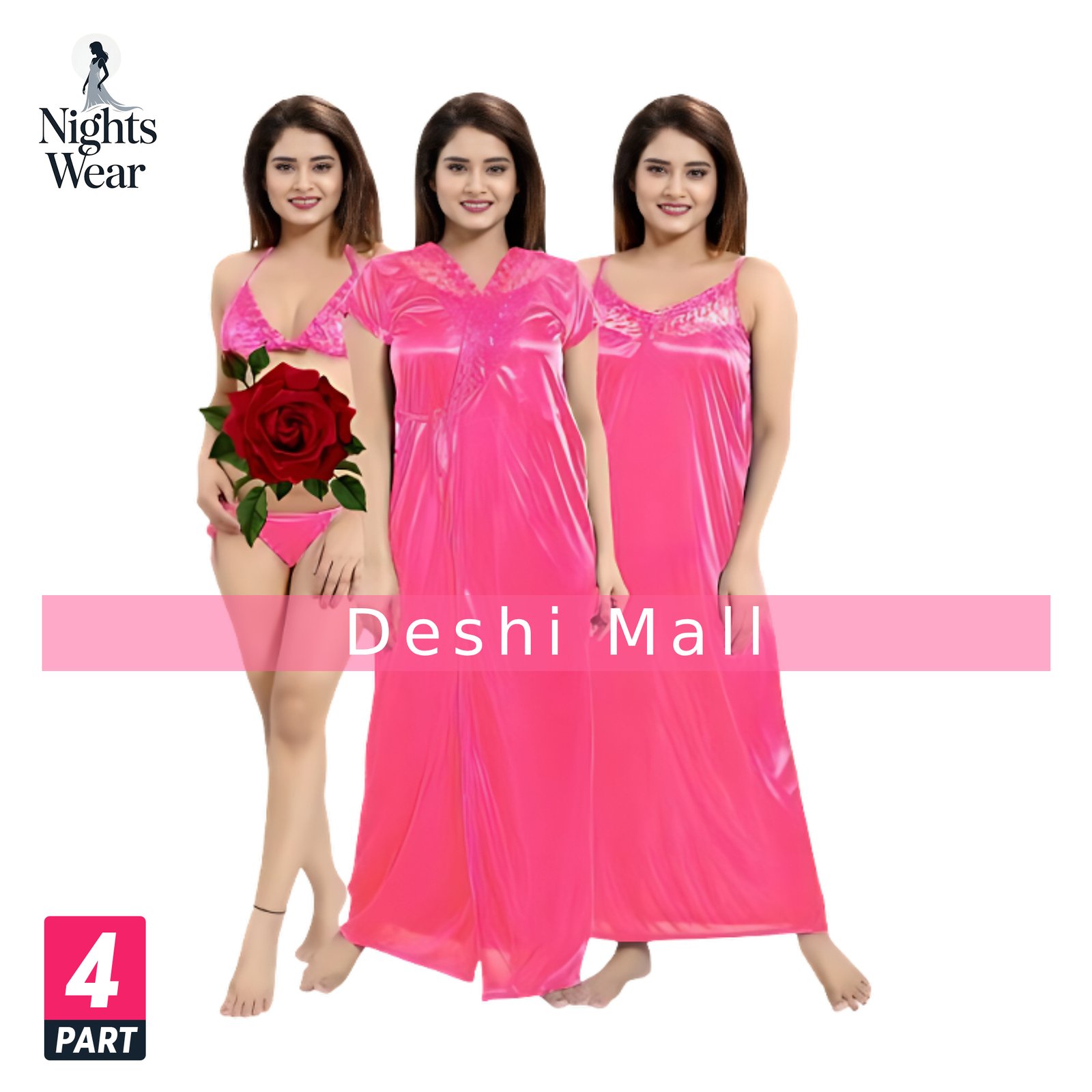 4 Part Satin Nighty Set for Women Soft & Comfortable Nightwear (MISTY)