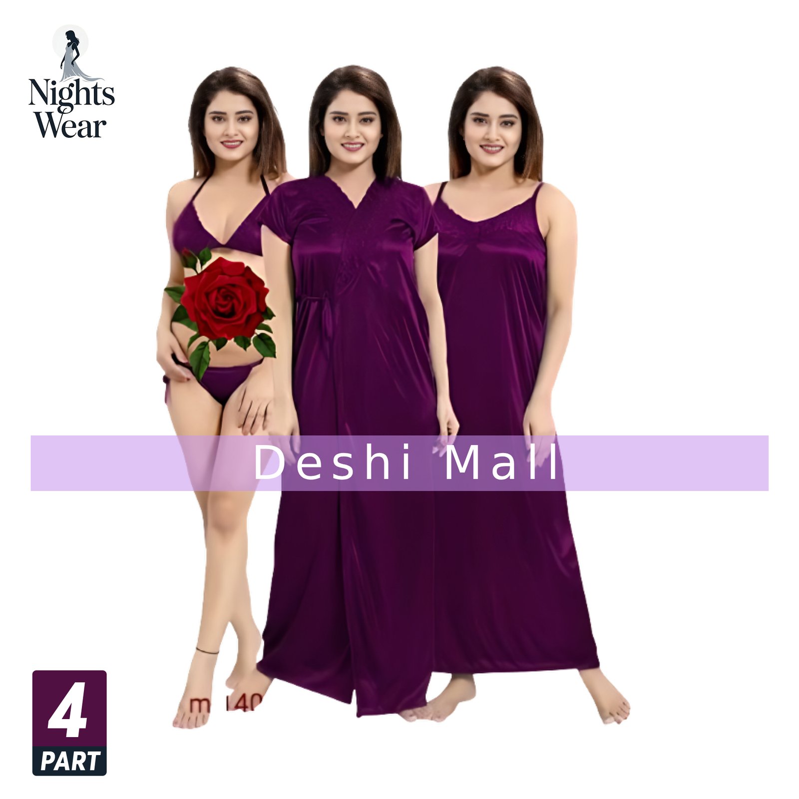 4 Part Satin Nighty Set for Women Soft & Comfortable Nightwear (PURPLE)