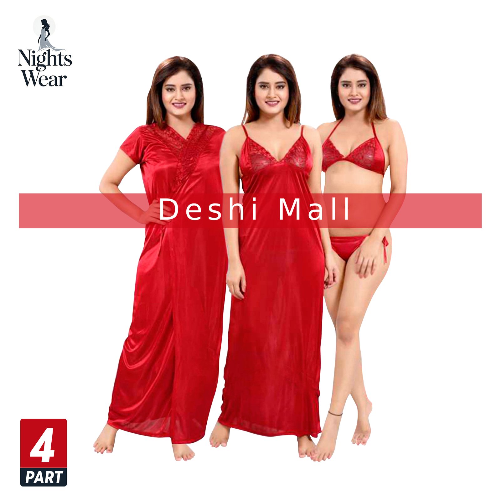 4 Part Satin Nighty Set for Women Soft & Comfortable Nightwear (RED)