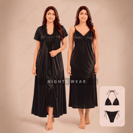 4P-Black 4part Satin Nightwear Set