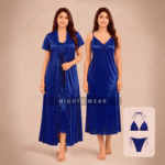 4P-Blue 4part Satin Nightwear Set