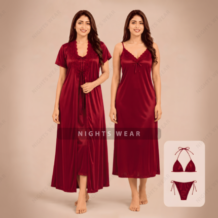4P-Meroon 4part Satin Nightwear Set