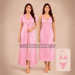 4P-Pink 4part Satin Nightwear Set