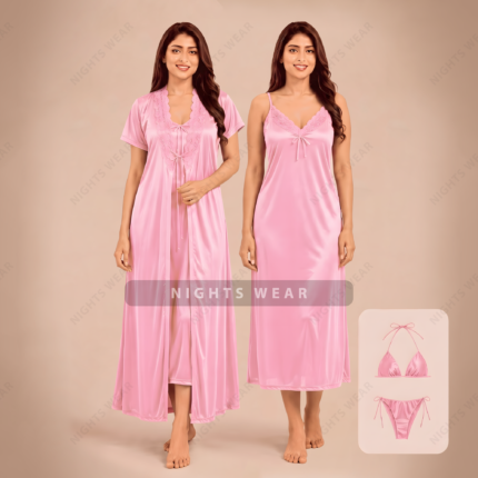 4P-Pink 4part Satin Nightwear Set