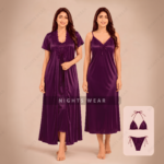 4P-Purple 4part Satin Nightwear Set