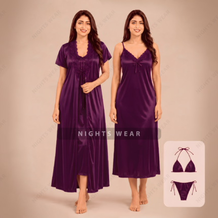 4P-Purple 4part Satin Nightwear Set
