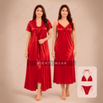4P-Red 4part Satin Nightwear Set