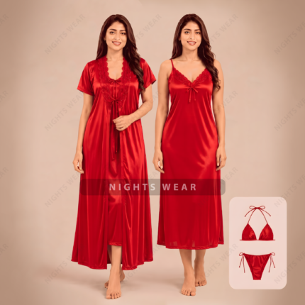4P-Red 4part Satin Nightwear Set