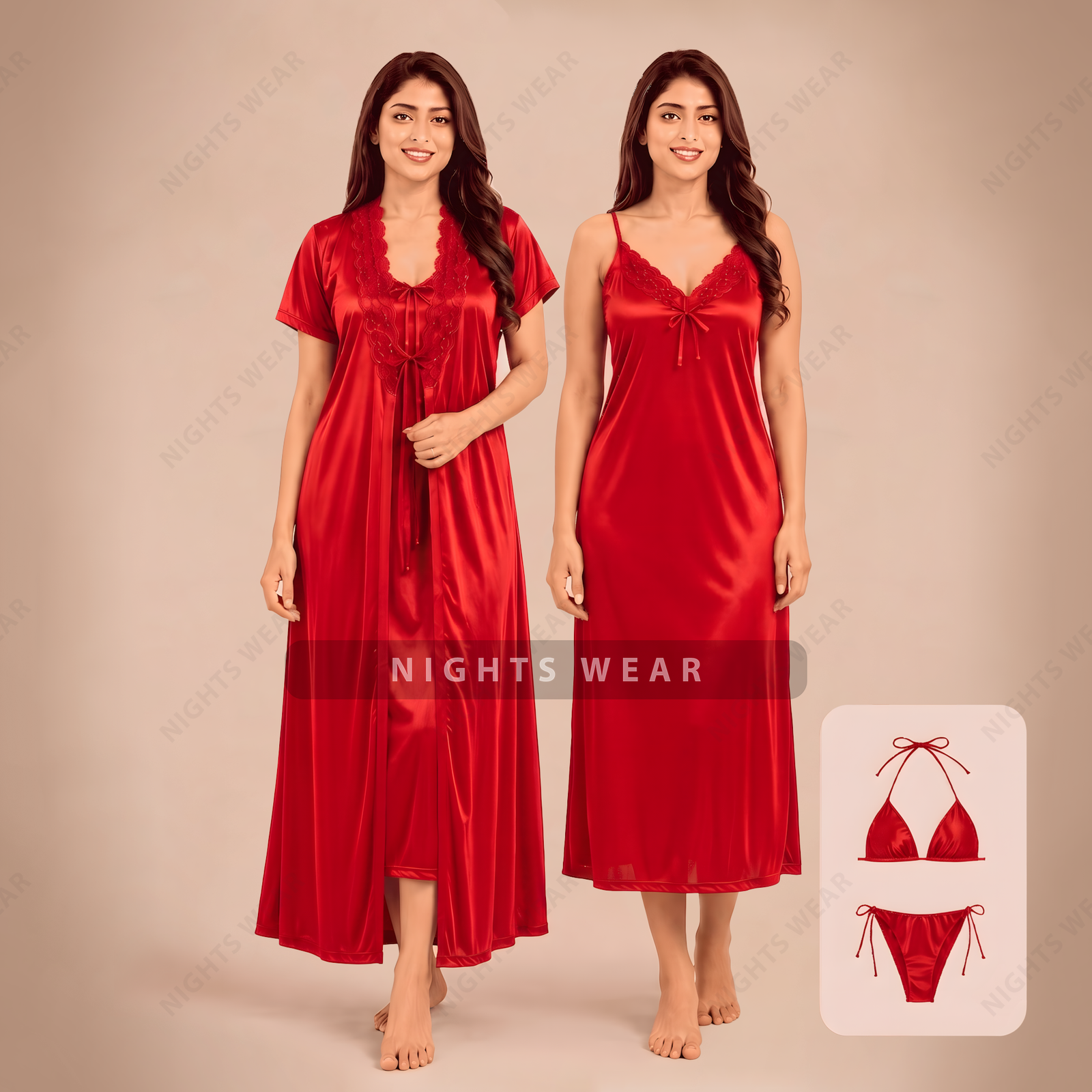 4P-Red 4part Satin Nightwear Set 4P-Red 4part Satin Nightwear Set