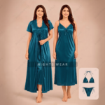4P-Teal 4part Satin Nightwear Set