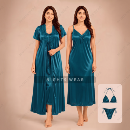 4P-Teal 4part Satin Nightwear Set