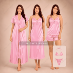 6P-Pink 6-Piece Satin Nightwear Set