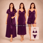 6P-Purple 6-Piece Satin Nightwear Set