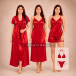 6P-Red Teal 6-Piece Satin Nightwear Set