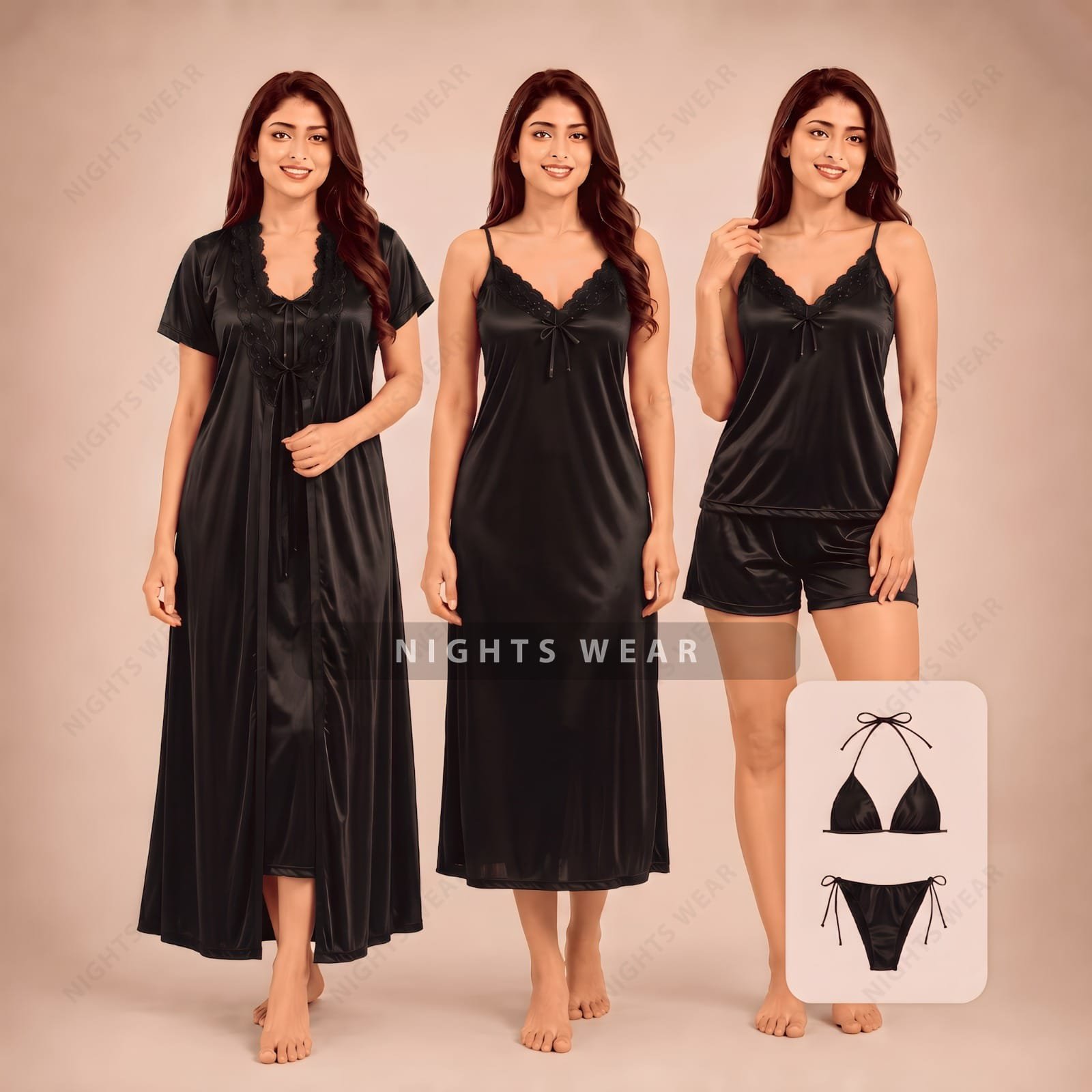 Black 6 Piece Satin Nightwear Set Black 6 Piece Satin Nightwear Set