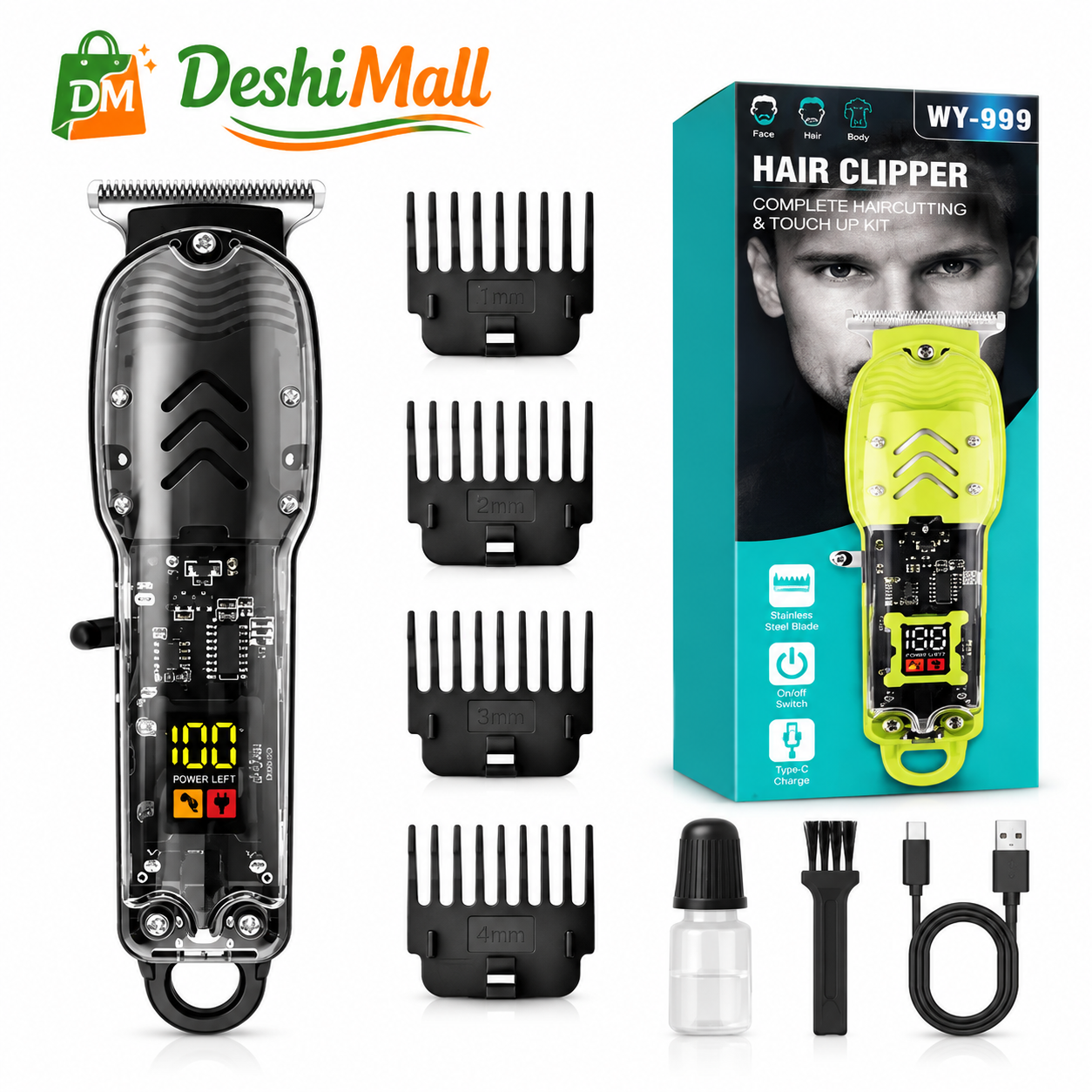 wy-999-hair-clipper-complete-grooming-kit-deshimall WY-999 rechargeable hair clipper with grooming accessories and comb attachments from DeshiMall